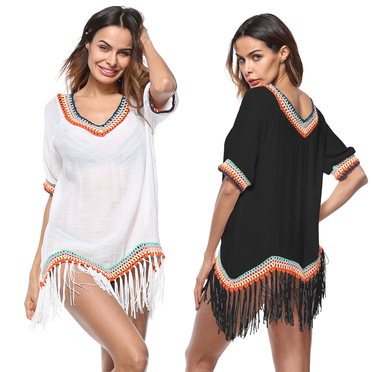 4715-2Tassels Mid-Length V-Neck Womens T-shirt